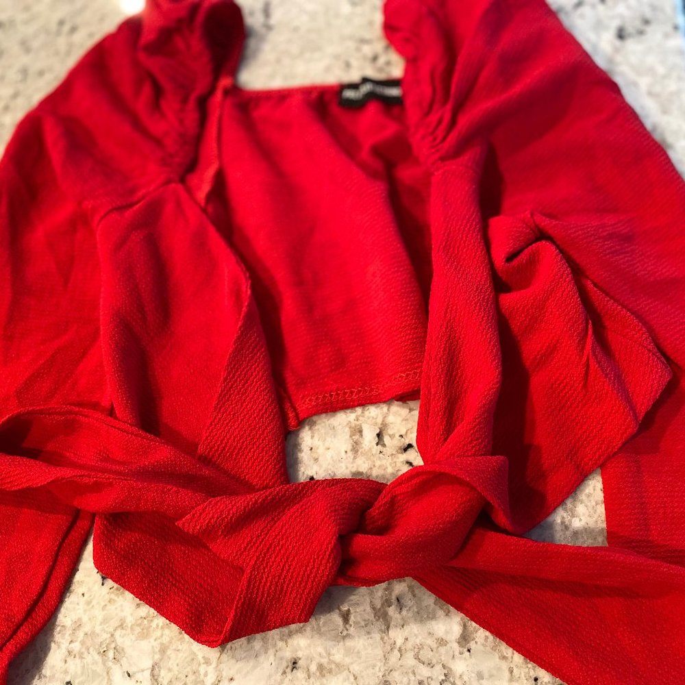 Plunging Self-Tie Red Crop Top